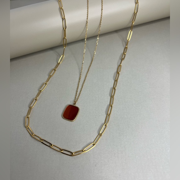 Red & Gold Elegant Pendant Layered Necklace, Red Natural Stone Pendant Necklace - Picture 14 of 14
